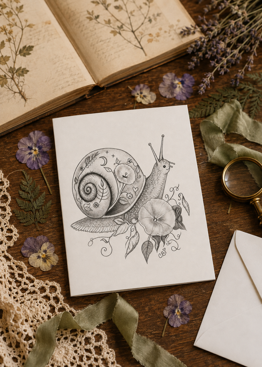 Floral Snail greeting card mockup among pressed violets, fern, lace, and a vintage botanical book