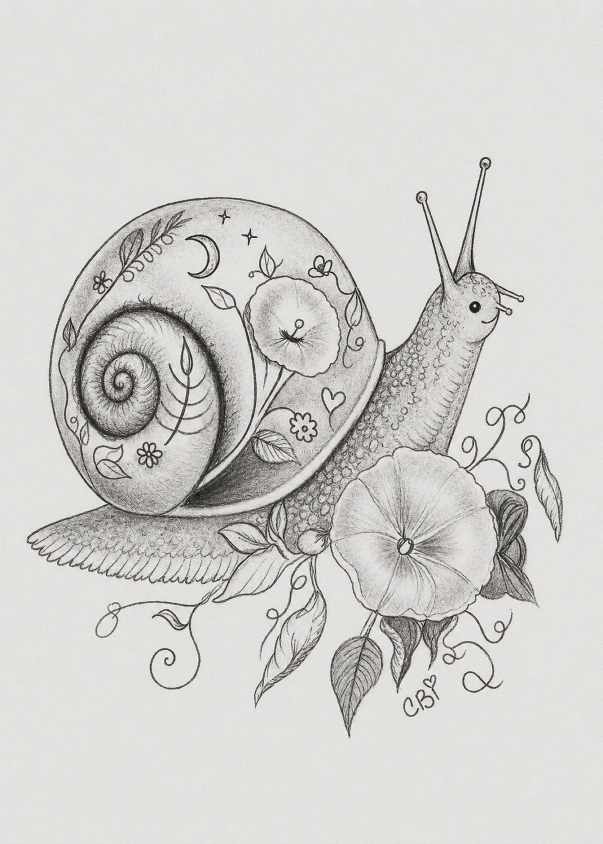 Whimsical snail with a moon and flowers decorating its shell in an original graphite sketch