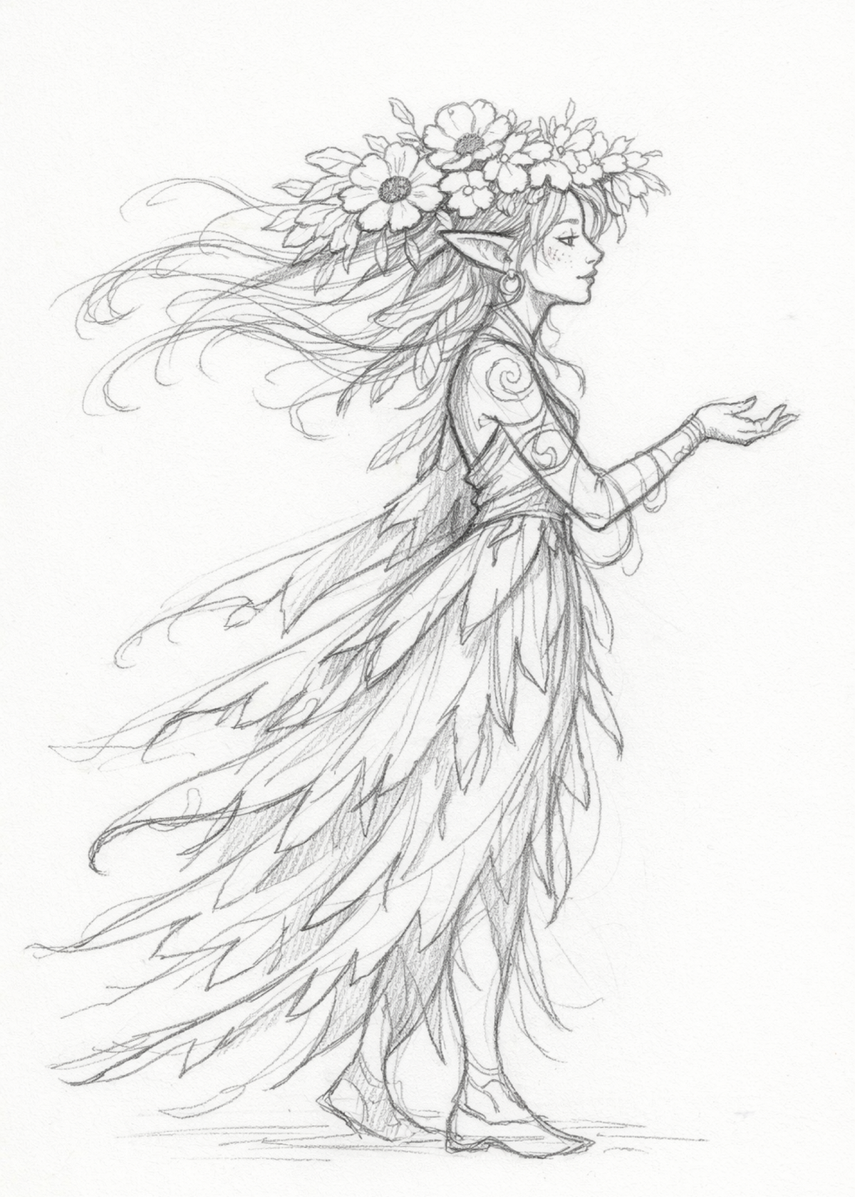 Full-figure graphite sketch of a flower-crowned fairy in a flowing leaf dress