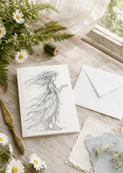 Full-figure flower-crowned fairy greeting card mockup on a sunlit woodland cottage correspondence desk
