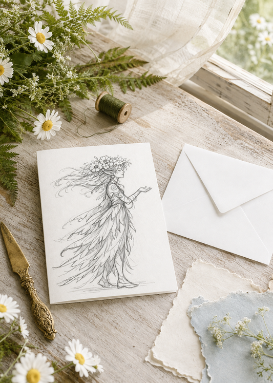Full-figure flower-crowned fairy greeting card mockup on a sunlit woodland cottage correspondence desk