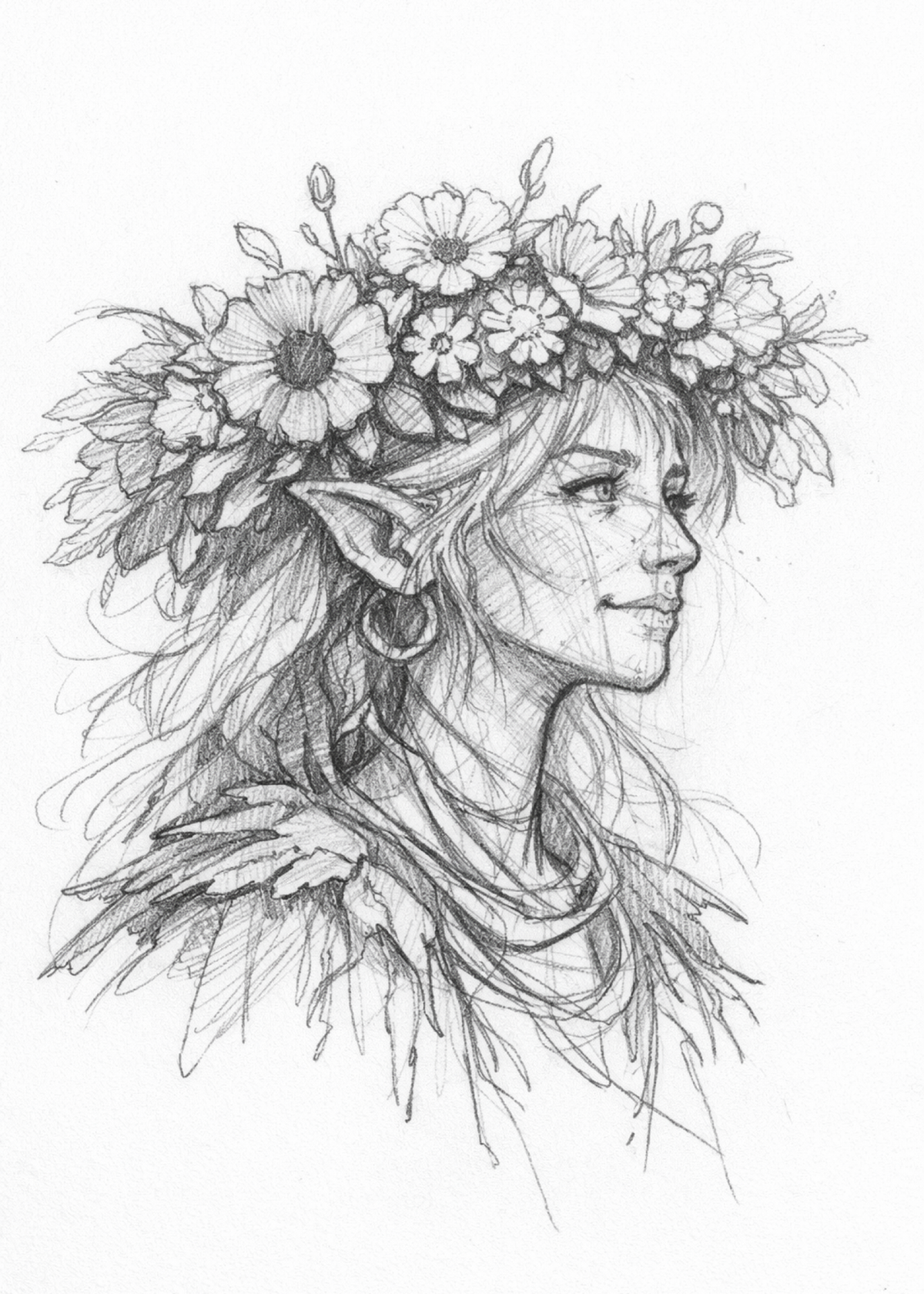 Graphite portrait of a flower-crowned fairy with pointed ears and leafy clothing