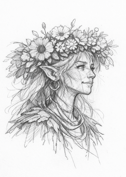 Graphite portrait of a flower-crowned fairy with pointed ears and leafy clothing