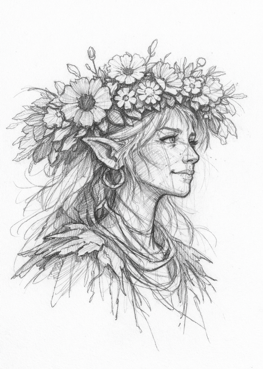 Graphite portrait of a flower-crowned fairy with pointed ears and leafy clothing