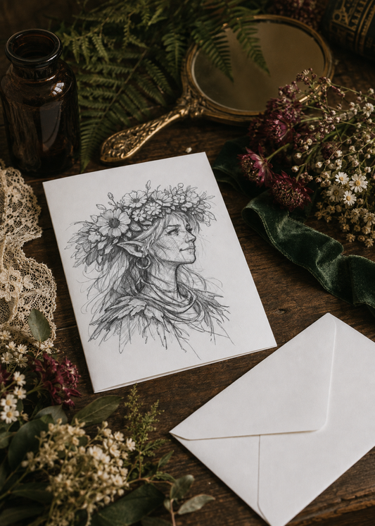 Flower-crowned fairy portrait greeting card mockup with wildflowers, fern, velvet ribbon, and antique brass