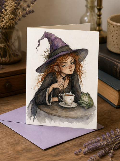 Frankie and Wart greeting card featuring a witch stirring tea beside her frog companion.