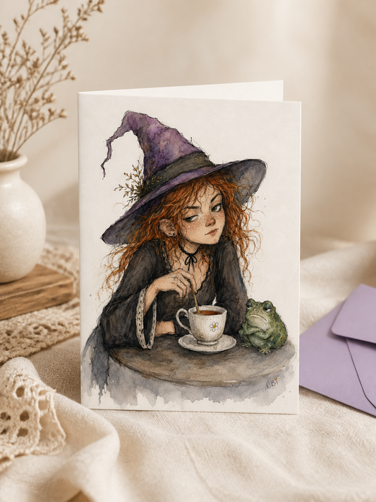 Another view of the Frankie and Wart greeting card, featuring a witch stirring tea beside her frog companion.