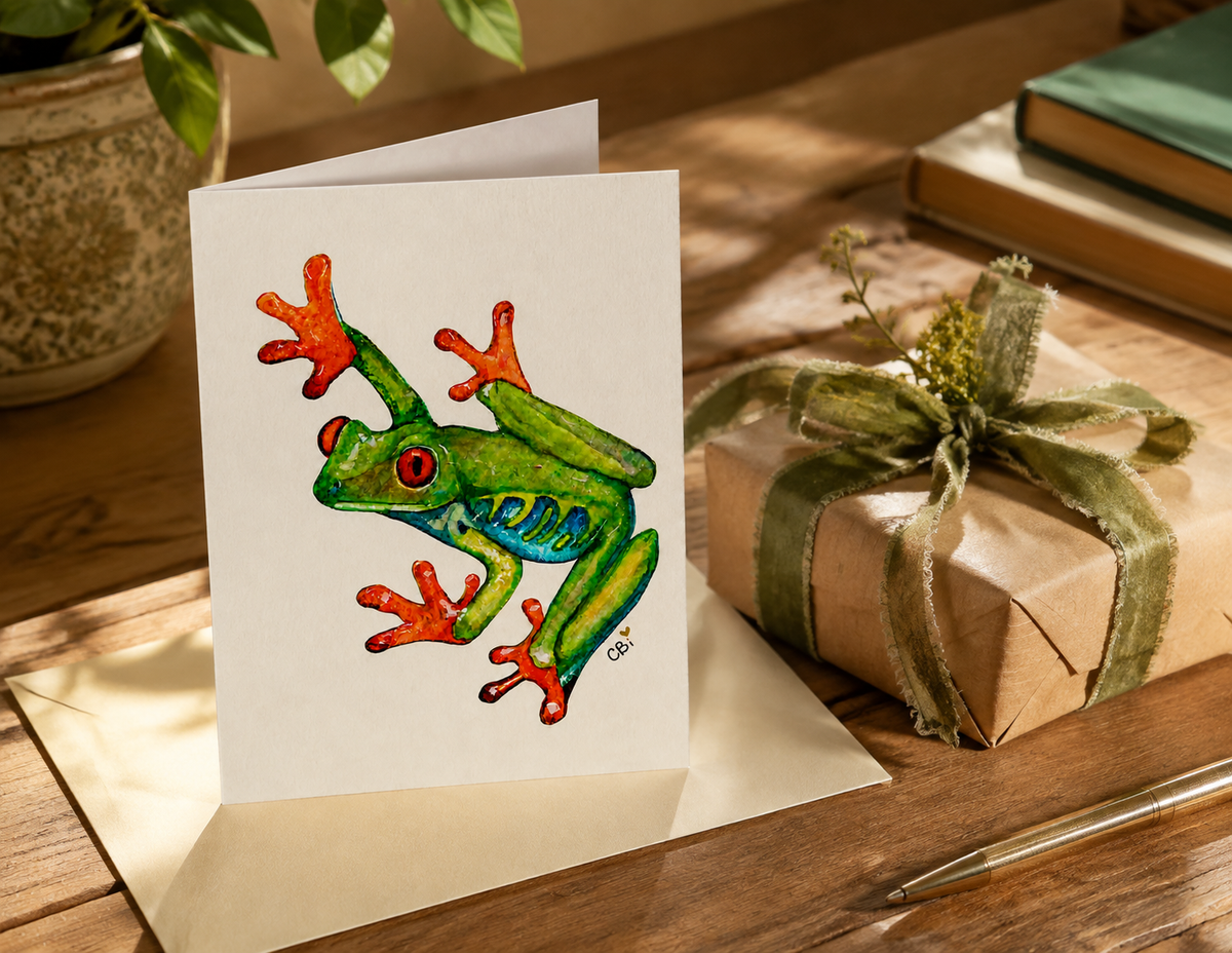 Folded Red-Eyed Frog greeting card beside a wrapped gift, showing a green watercolor frog among cattails and purple flowers.
