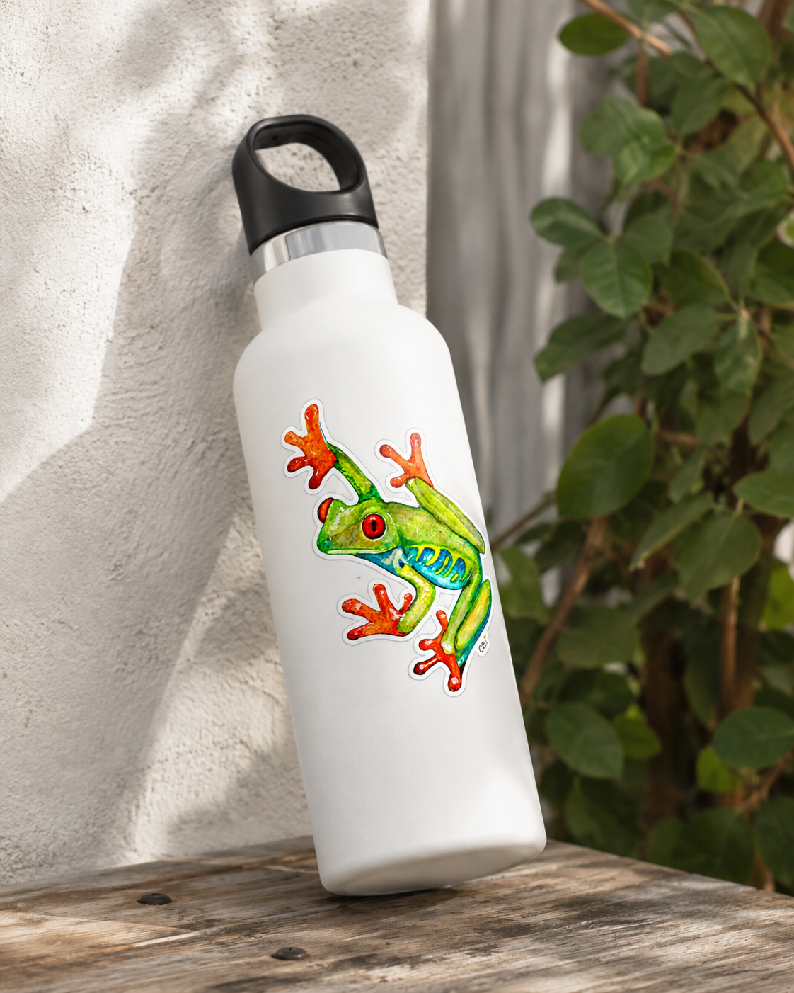 Red-eyed frog sticker applied to a white water bottle