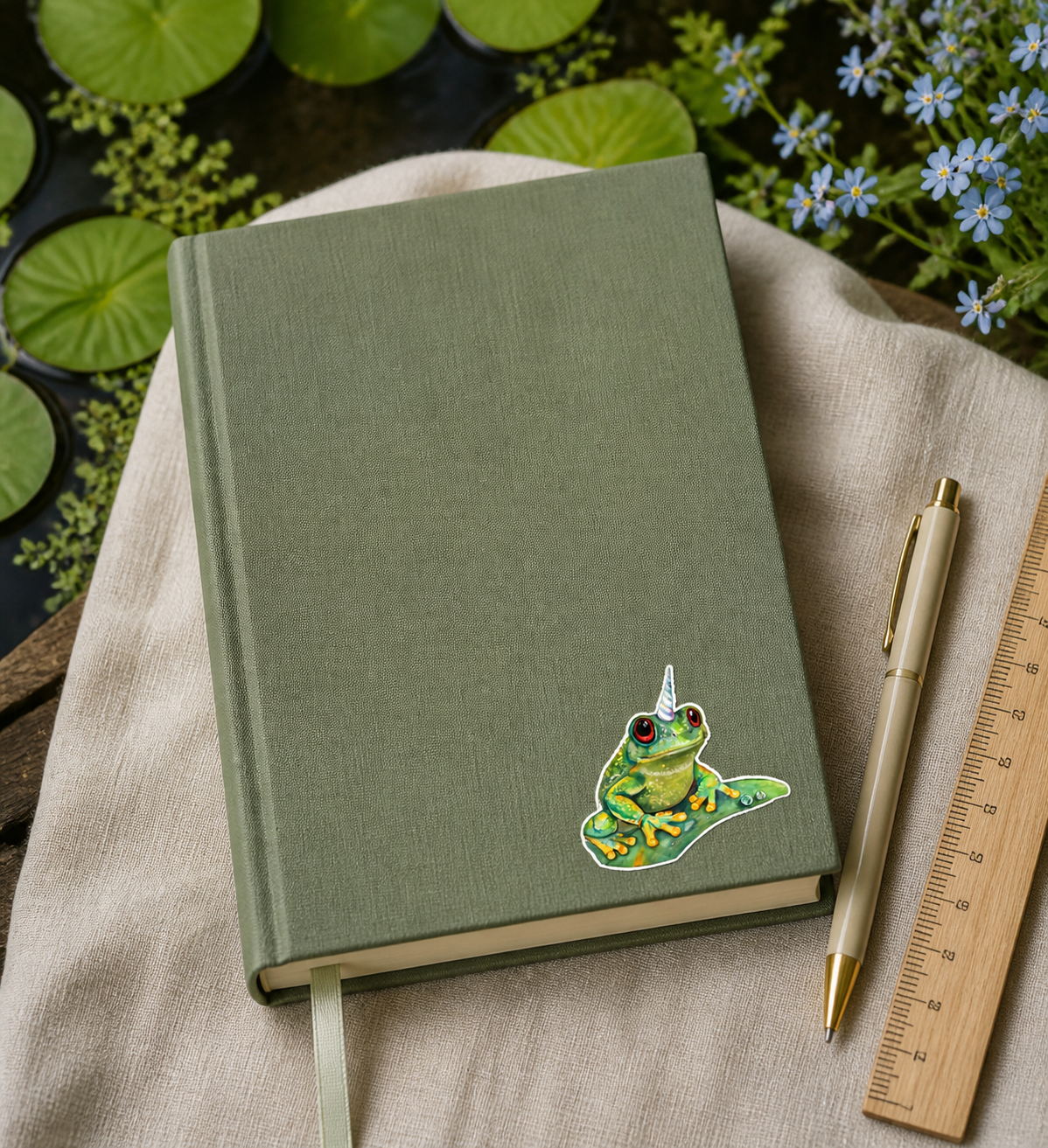 Froggicorn vinyl sticker on a full-size journal with lily pads and blue flowers