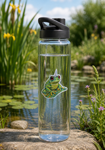 Froggicorn vinyl sticker on a clear reusable water bottle by a pond
