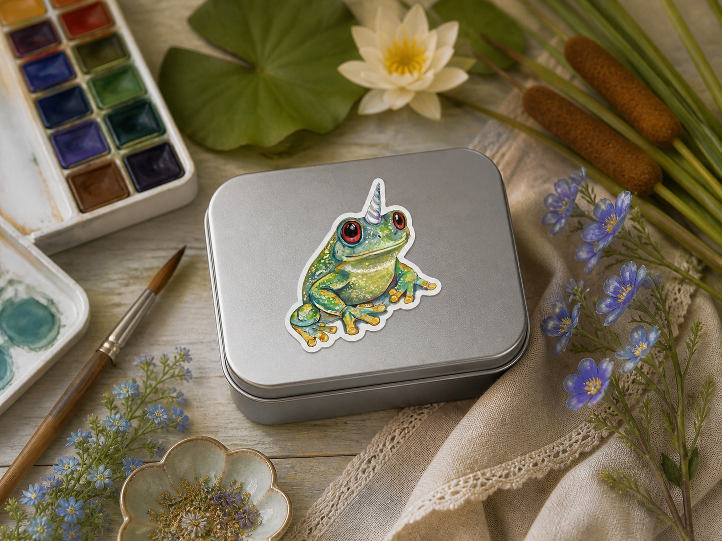 Froggicorn vinyl sticker on a keepsake art-supply tin with watercolor supplies