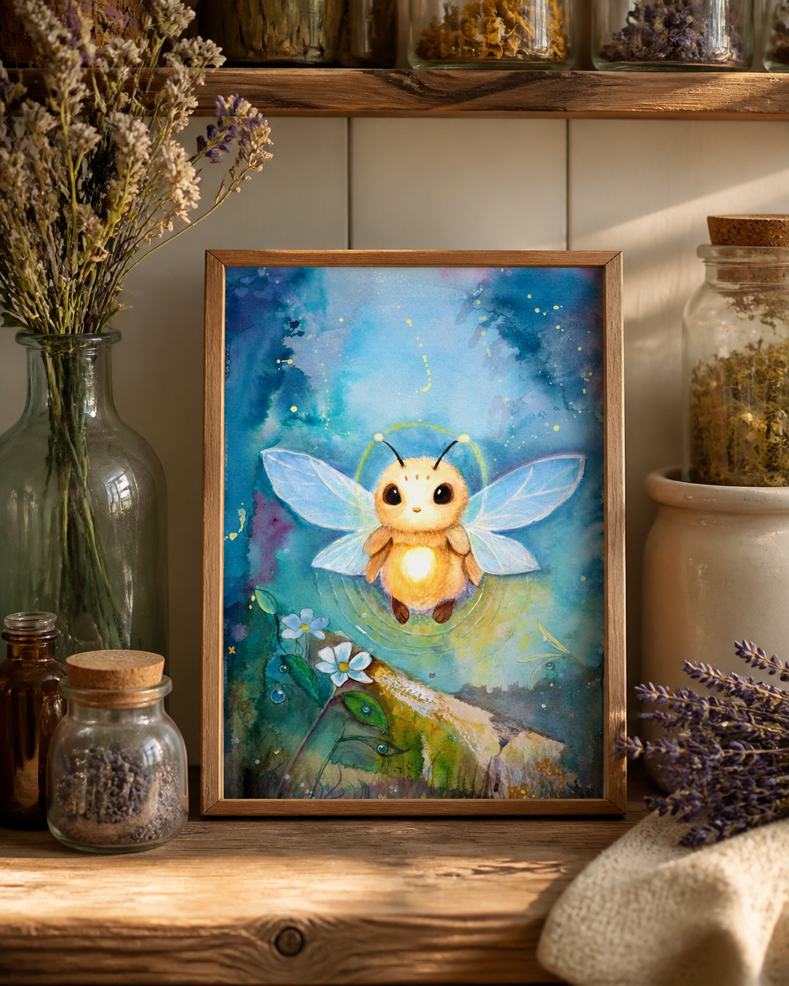 Glowmorrow art print displayed in a cottage apothecary setting with dried botanicals, glass jars, and a small lamp.
