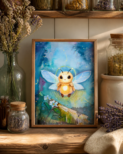 Glowmorrow art print displayed in a cottage apothecary setting with dried botanicals, glass jars, and a small lamp.