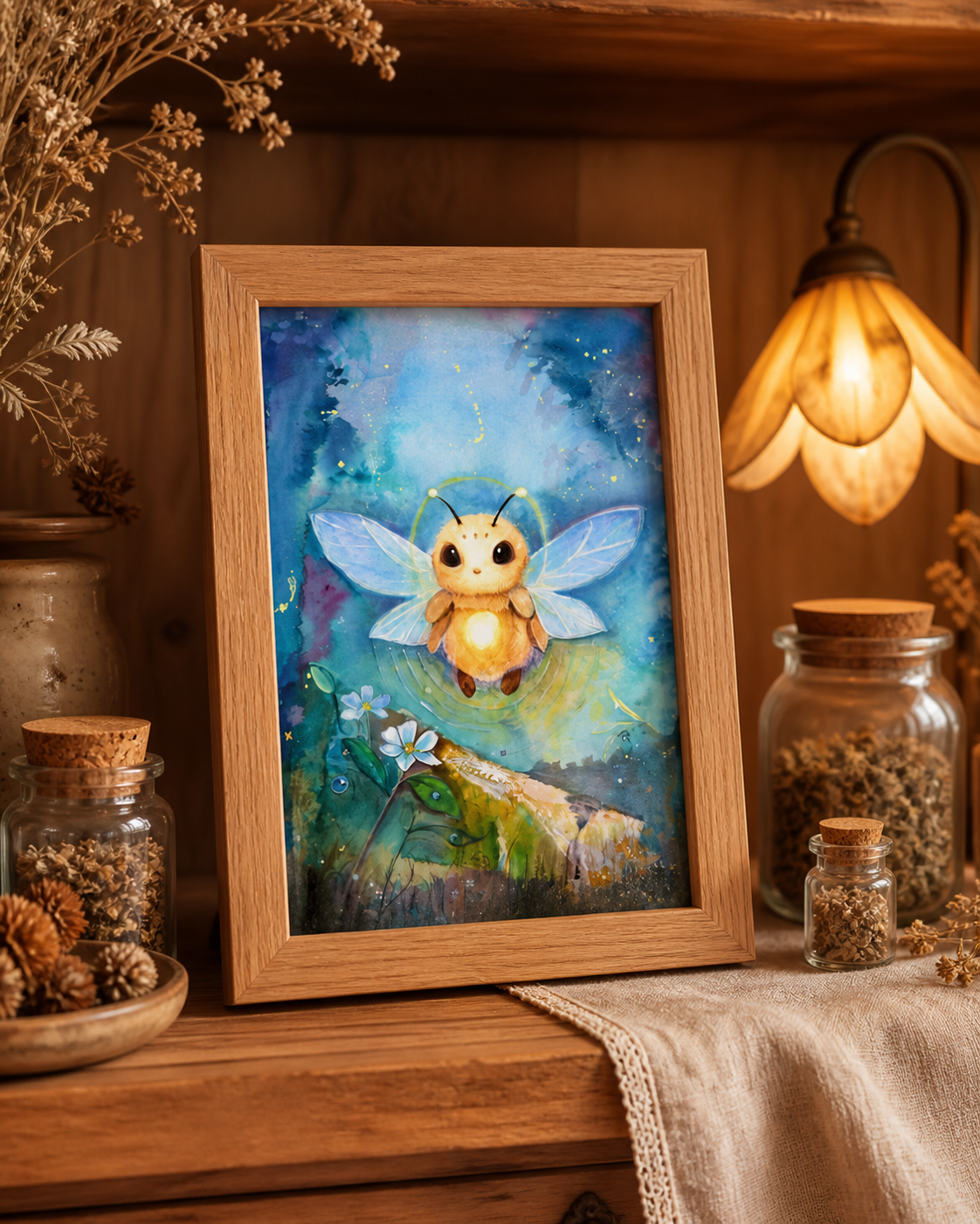 Glowmorrow art print displayed on a warm apothecary shelf with dried botanicals, glass jars, and a flower-shaped lamp.