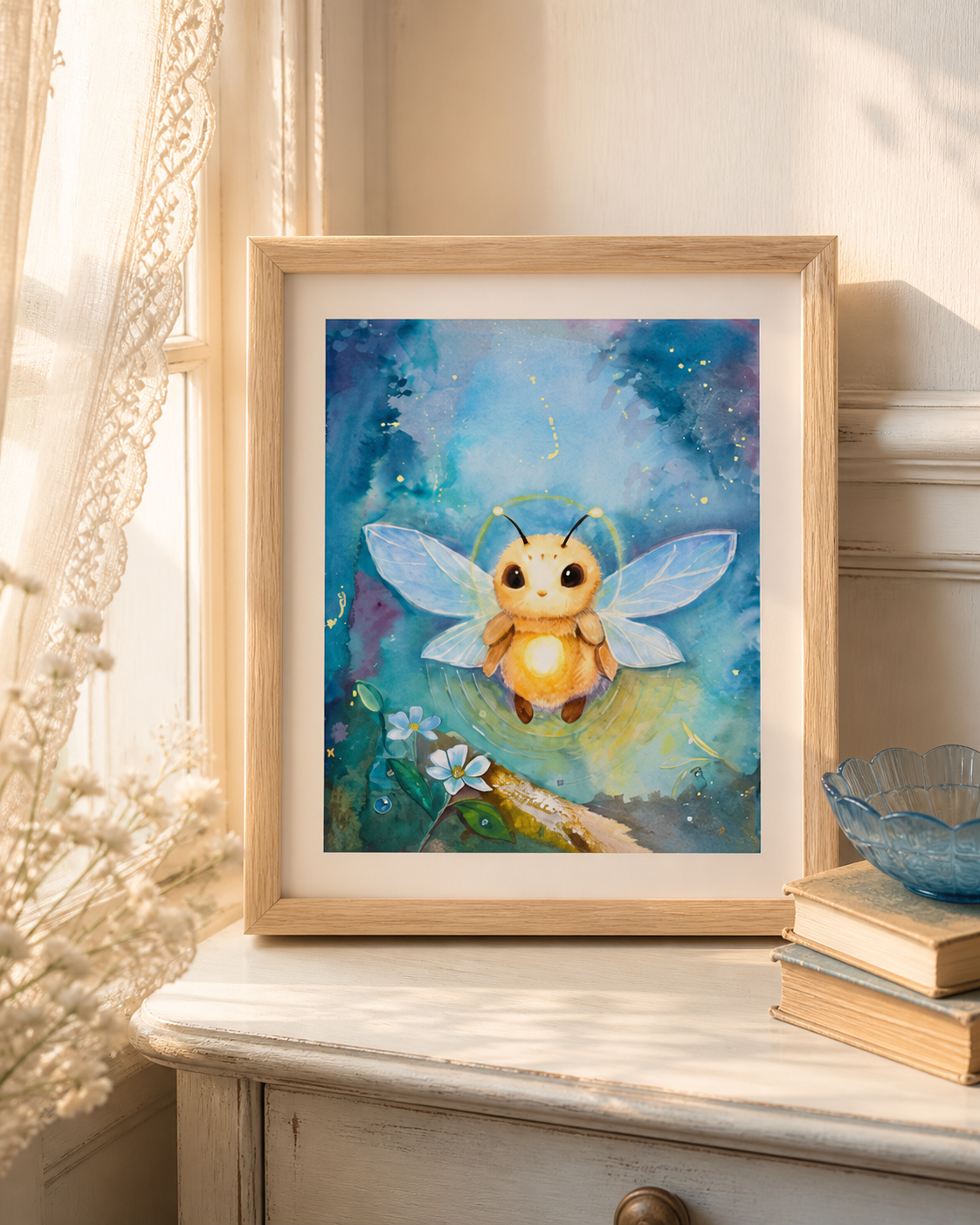 Glowmorrow art print displayed beside a sunlit window on a vintage table with lace curtains and stacked books.