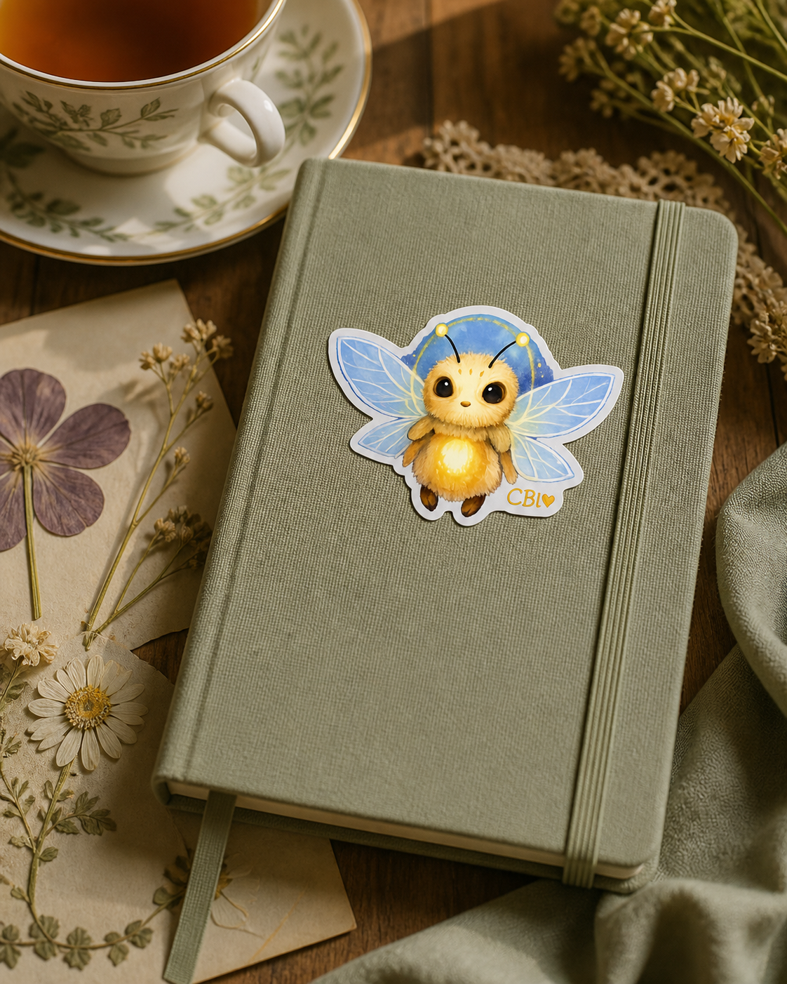 Glowmorrow bug sticker on a cottagecore journal