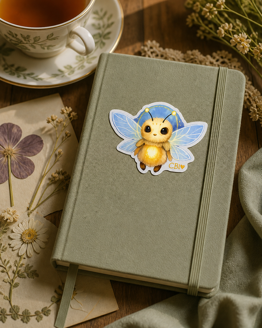 Glowmorrow bug sticker on a cottagecore journal