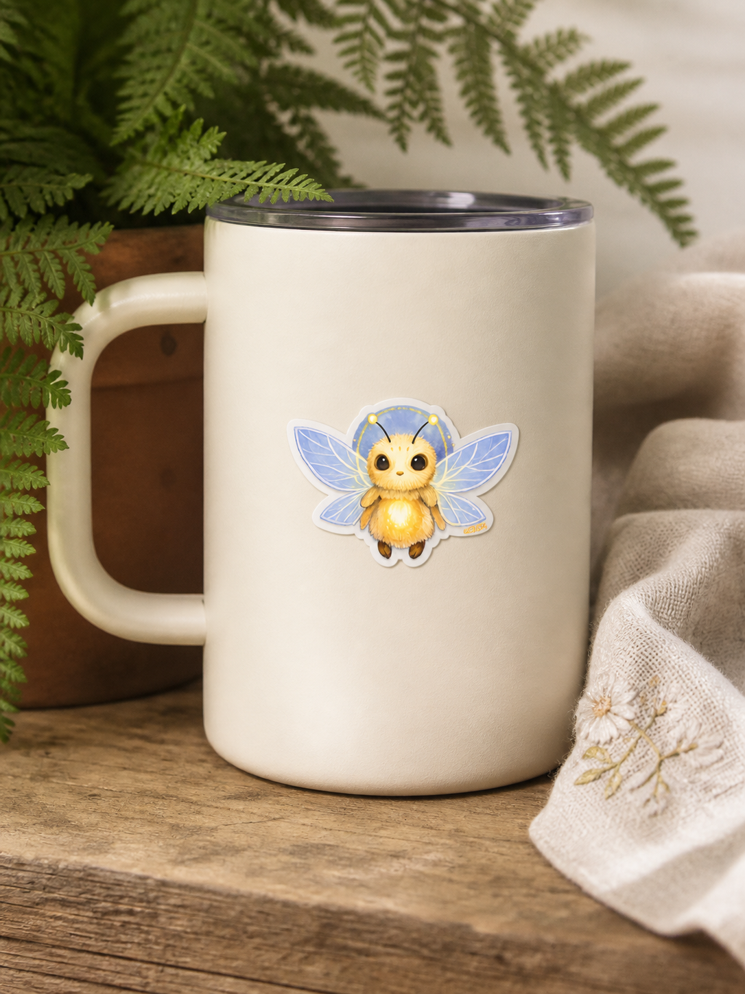 Glowmorrow bug sticker on a ceramic mug