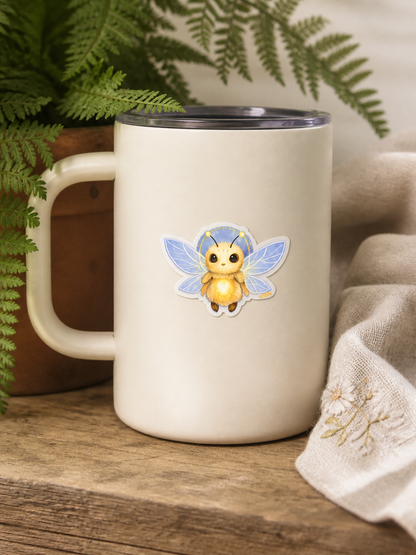 Glowmorrow bug sticker on a ceramic mug