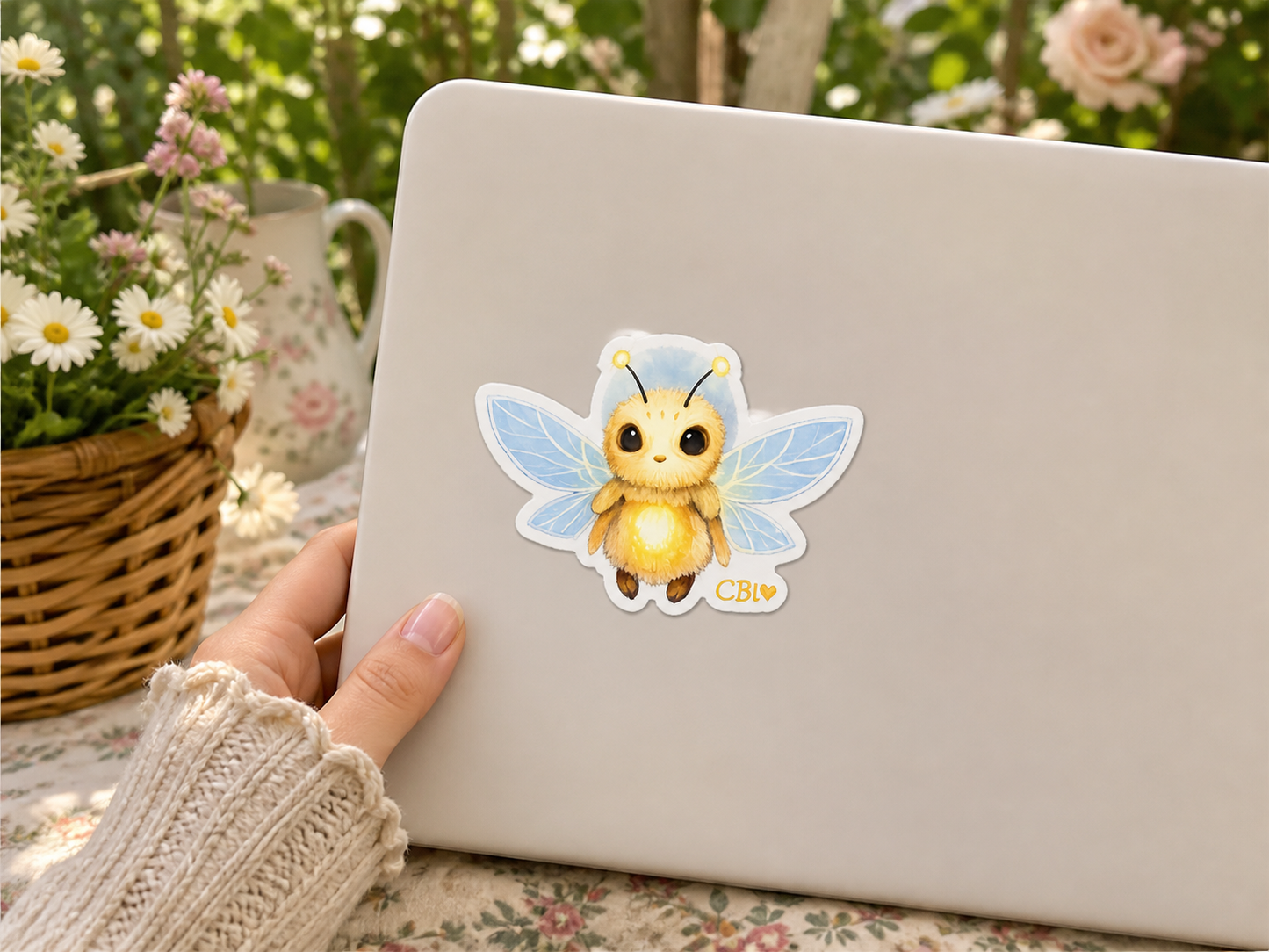 Glowmorrow bug sticker on a laptop in a cottage garden