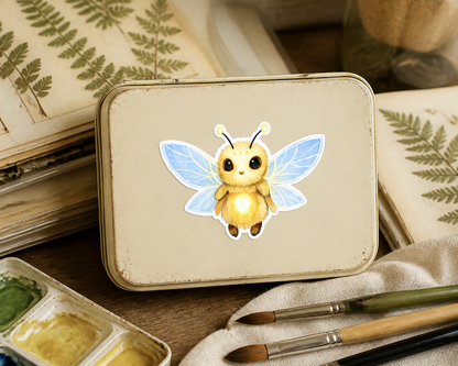 Glowmorrow bug sticker on an art supply tin