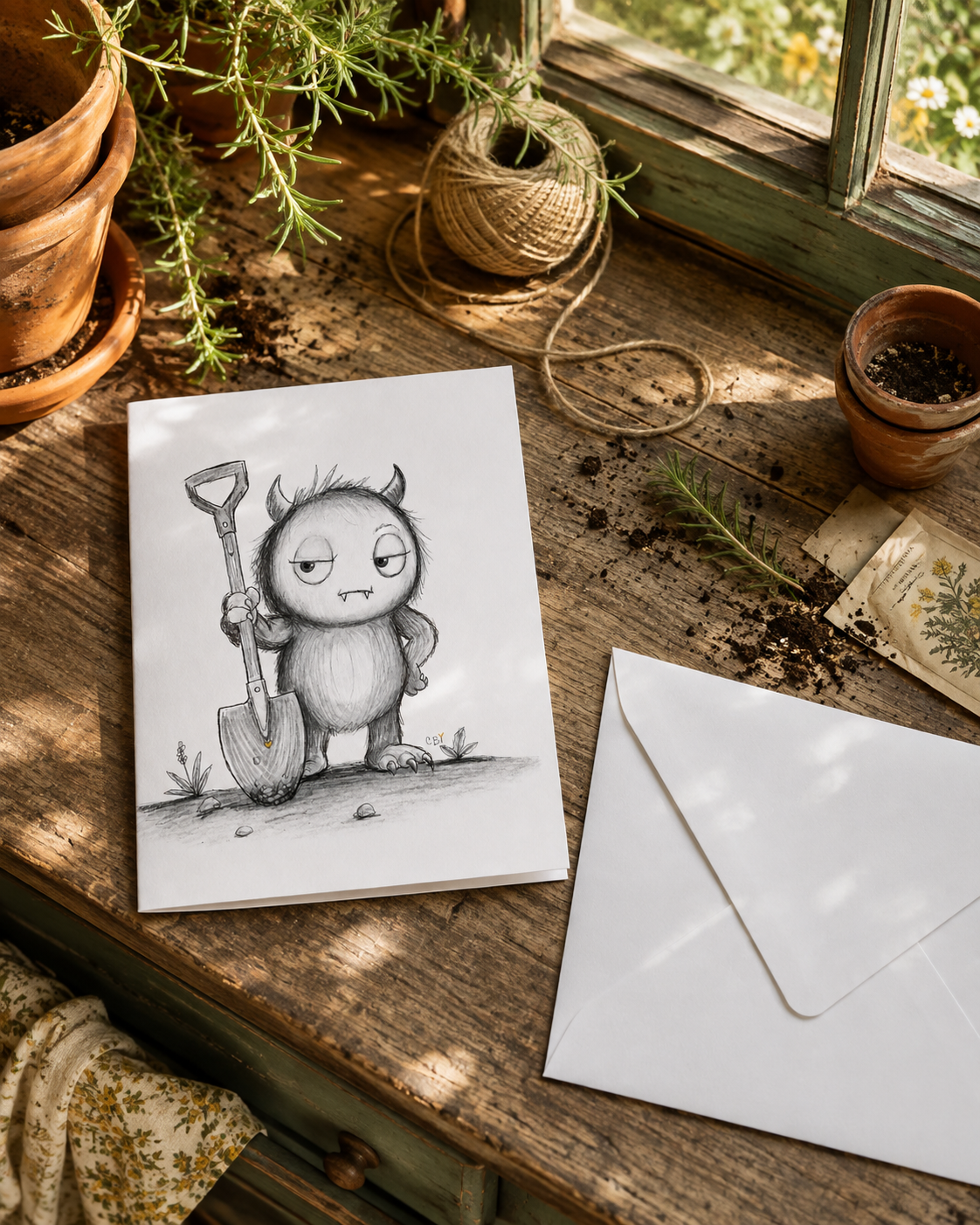 Grumble greeting card mockup on a sunlit cottage potting bench with garden tools and terracotta pots