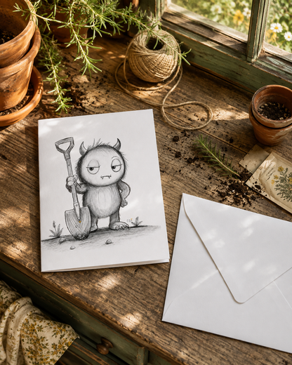 Grumble greeting card mockup on a sunlit cottage potting bench with garden tools and terracotta pots