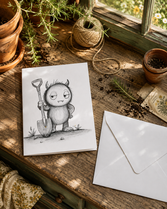 Grumble greeting card mockup on a sunlit cottage potting bench with garden tools and terracotta pots