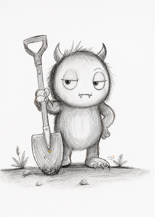Grumble, a horned garden creature standing beside a shovel in an original graphite sketch