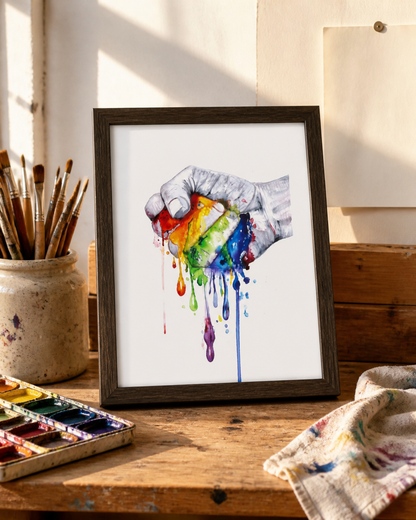 Irrepressible art print displayed in a sunlit watercolor studio beside brushes, a paint palette, and a paint-stained cloth.