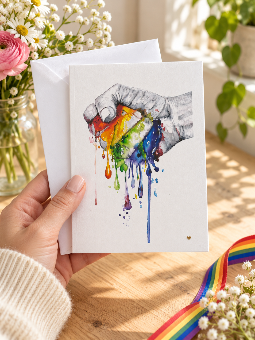 Irrepressible greeting card held in a hand with its envelope