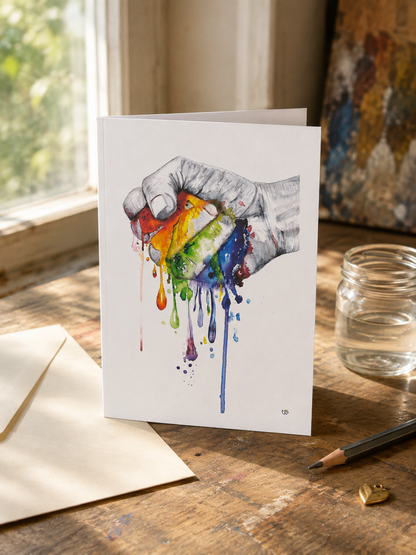 Side-folded Irrepressible greeting card on a sunlit artist’s table, featuring a grayscale hand holding brilliant dripping rainbow color.