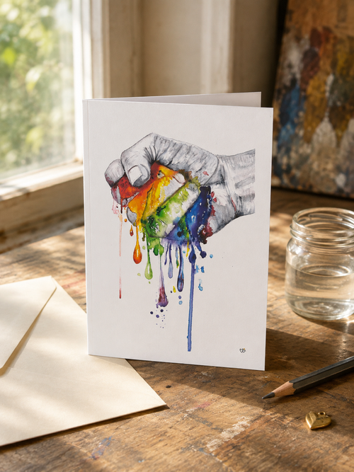 Side-folded Irrepressible greeting card on a sunlit artist’s table, featuring a grayscale hand holding brilliant dripping rainbow color.
