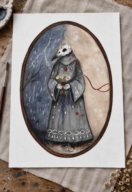 The Keeper Between Seasons fine art print lying on linen on a wooden table, with the full oval artwork visible.