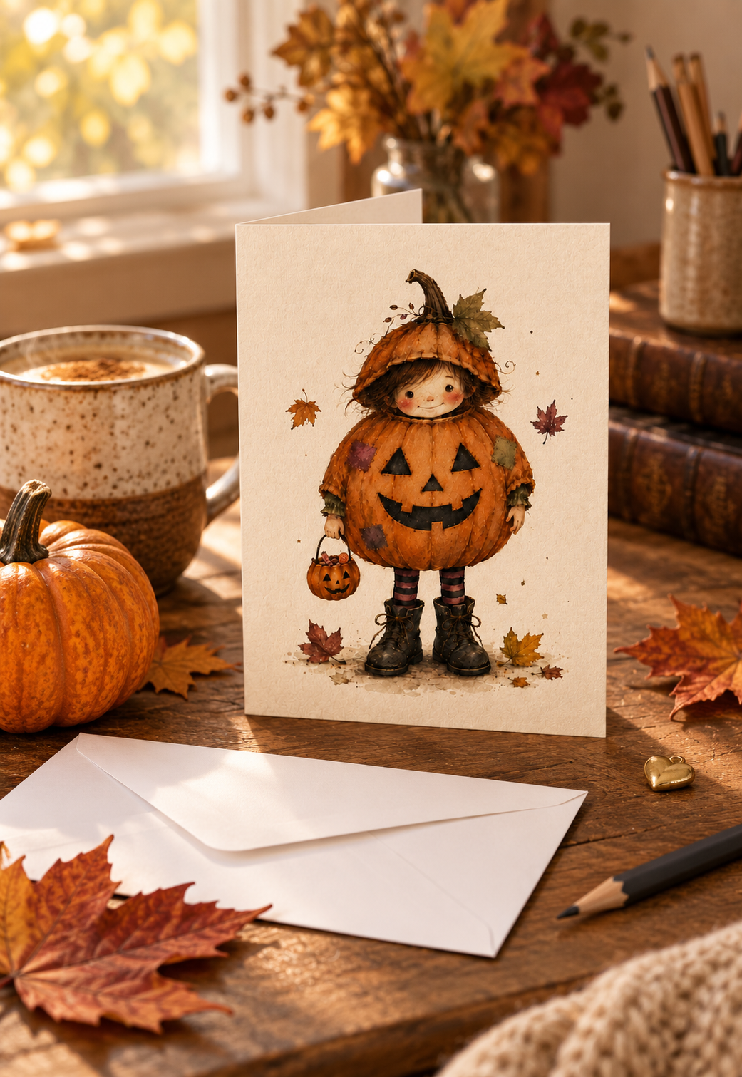 Kevin greeting card and envelope on an autumn writing desk