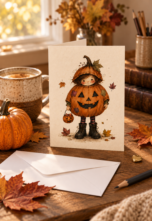 Kevin greeting card and envelope on an autumn writing desk