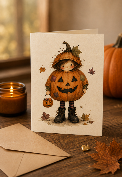 Folded Kevin greeting card with envelope on a warm autumn desk, featuring a rosy-cheeked watercolor character in a pumpkin costume.