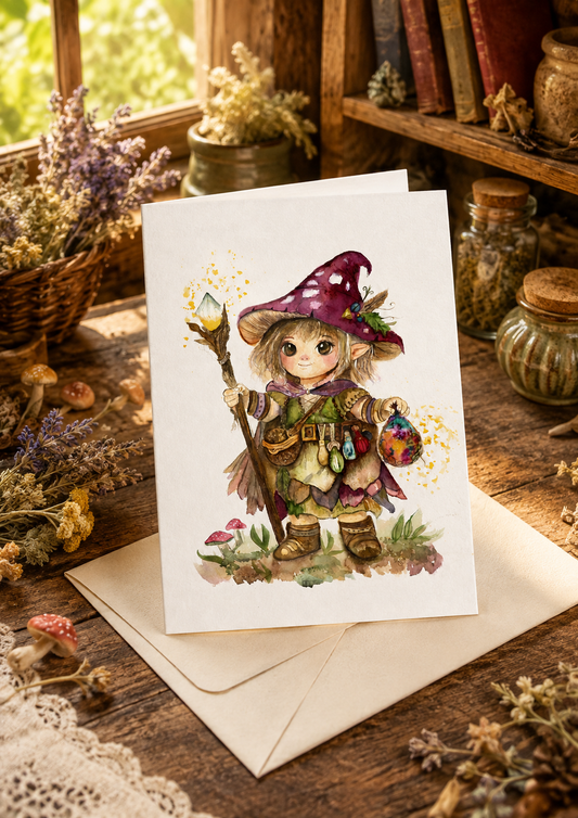 Exact Little Cottage Witch watercolor artwork showing the woodland witch in her berry-red hat with glowing staff and colorful pouch.