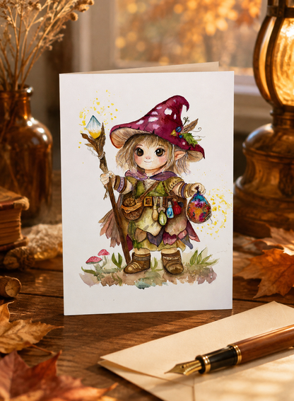 Little Cottage Witch greeting card in an autumn correspondence scene with envelope, fountain pen, amber lamp, and fallen leaves.