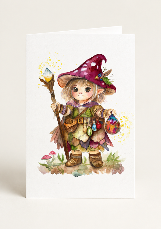Clean side-folded Little Cottage Witch greeting card mockup with a visible vertical left spine and the original watercolor artwork on the front.
