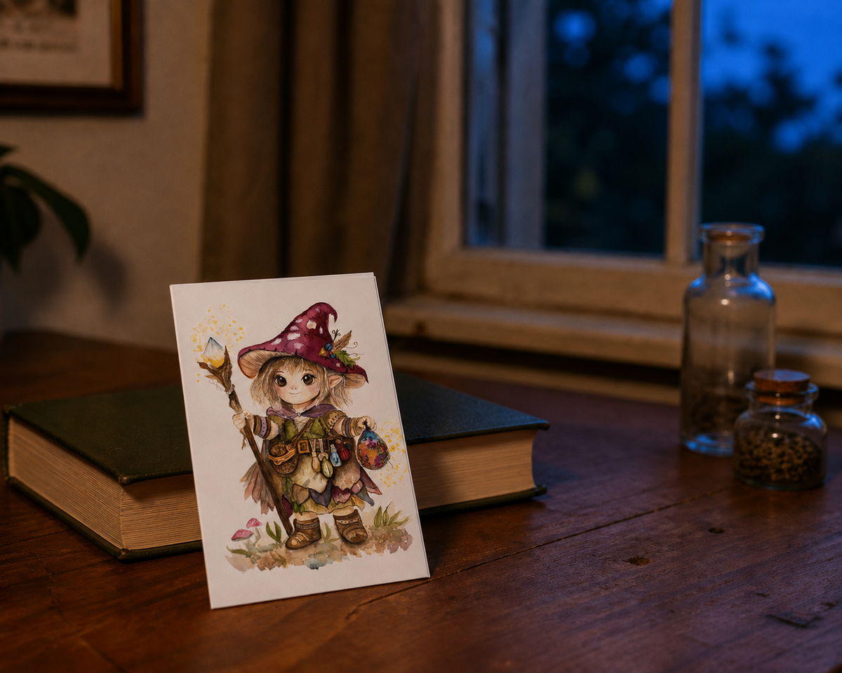 Closed Little Cottage Witch greeting card beside old books and apothecary bottles in a moonlit room.