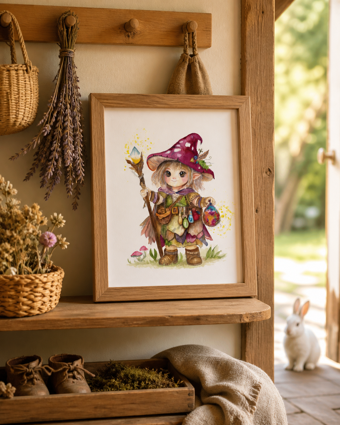 The Little Cottage Witch art print displayed in a warm woodland entryway with dried lavender, baskets, and a rabbit outside the open doorway.