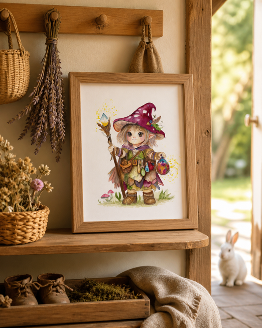 The Little Cottage Witch art print displayed in a warm woodland entryway with dried lavender, baskets, and a rabbit outside the open doorway.