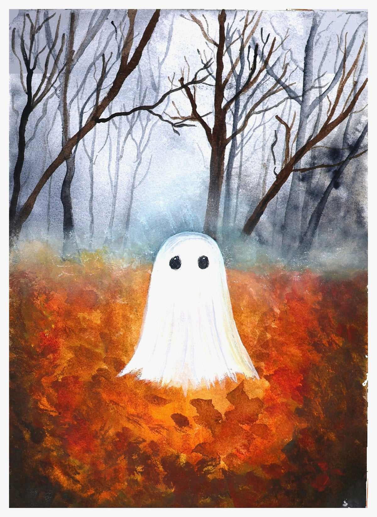 The Little Leaf Ghost in an autumn forest, original watercolor artwork