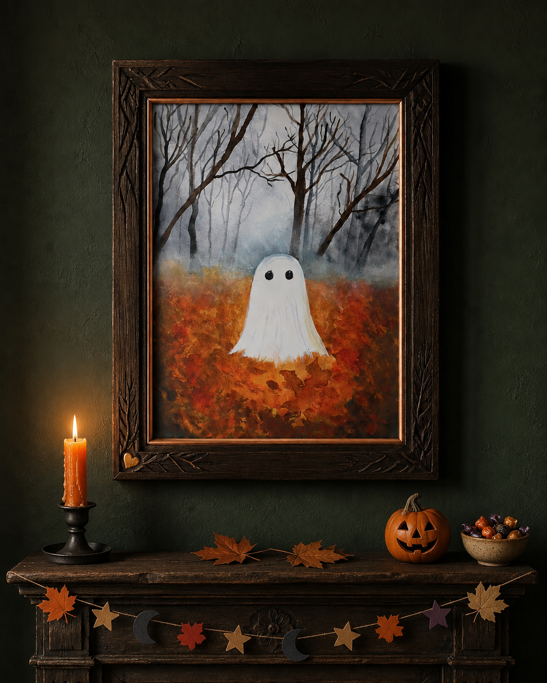 The Little Leaf Ghost print displayed above a dark mantel with an autumn candle, pumpkin, and garland
