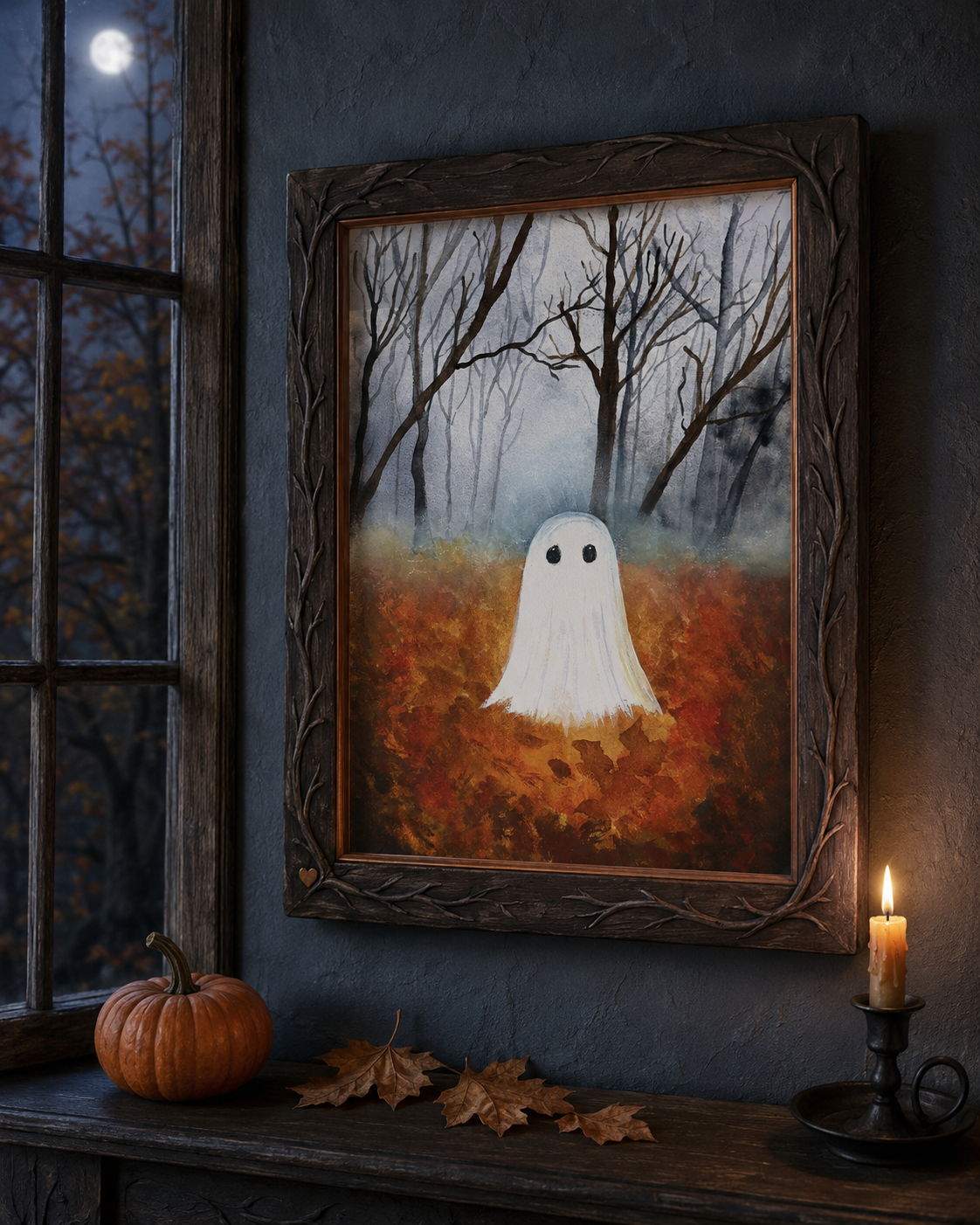 The Little Leaf Ghost print hanging beside a moonlit window with a pumpkin, fallen leaves, and candle