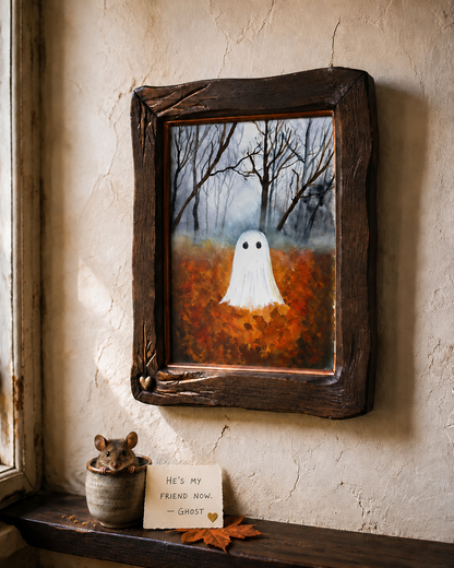 The Little Leaf Ghost print displayed in a warm autumn window nook with a small mouse and fallen leaves