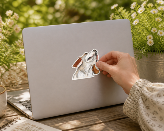 Maple dog sticker on a laptop in a cottage garden