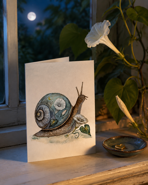 Moon greeting card beside a moonflower vine at dusk